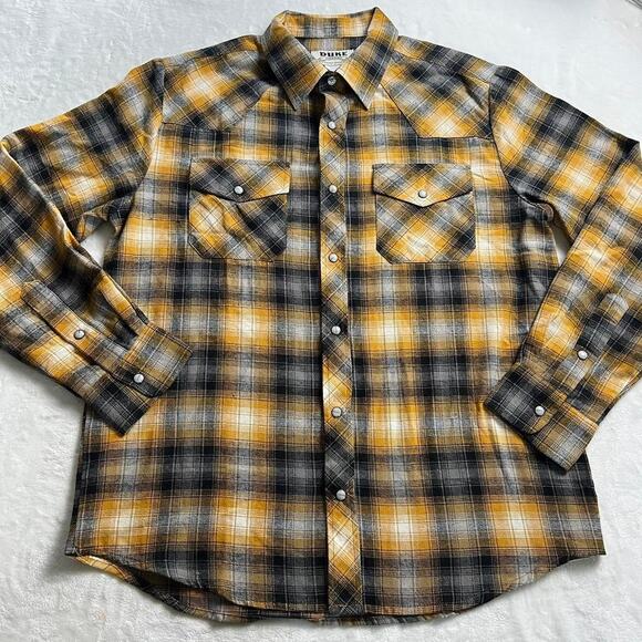Duke Haband Pearl snap yellow & black flannel shirt men’s size medium - Picture 1 of 7